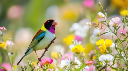 A colorful Gouldian sparrow perched on a slender branch, overlooking a meadow full of pink, yellow, and white wildflowers.