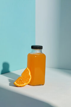 a small bottle of orange juice accompanied by a fresh orange slice
