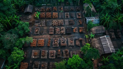 Fototapeta premium Aerial View of Lumberyard: An aerial shot reveals a bustling lumberyard nestled amidst lush green tropical foliage. Stacks of neatly organized lumber are spread across the yard.
