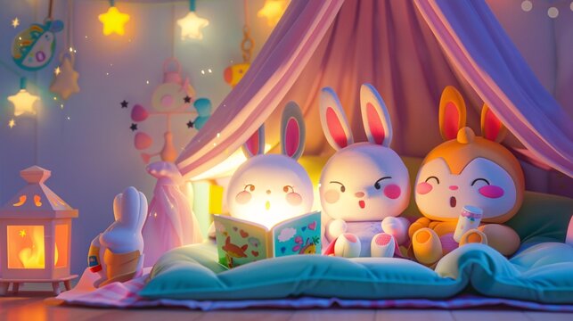 Happy 3D peach reading bedtime stories with friends