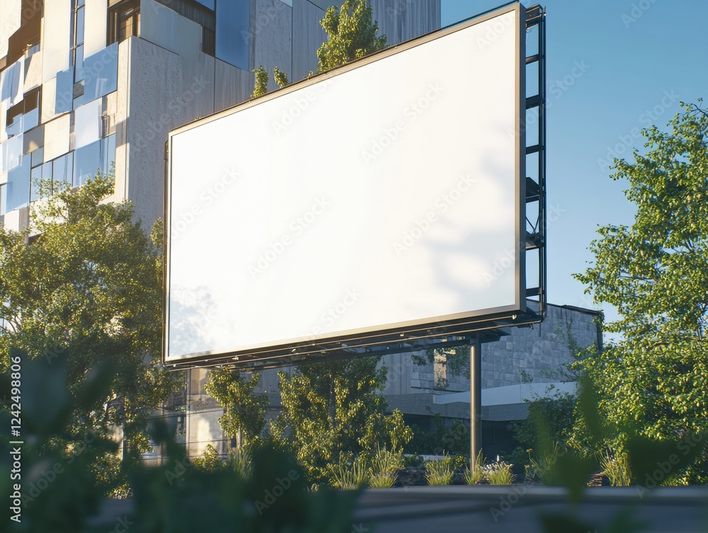Poster billboard advertisement display in urban environment with trees and building facade view