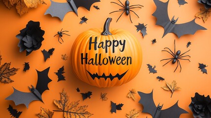 Halloween composition with smiling pumpkin surrounded by bats, spiders and leaves on orange background