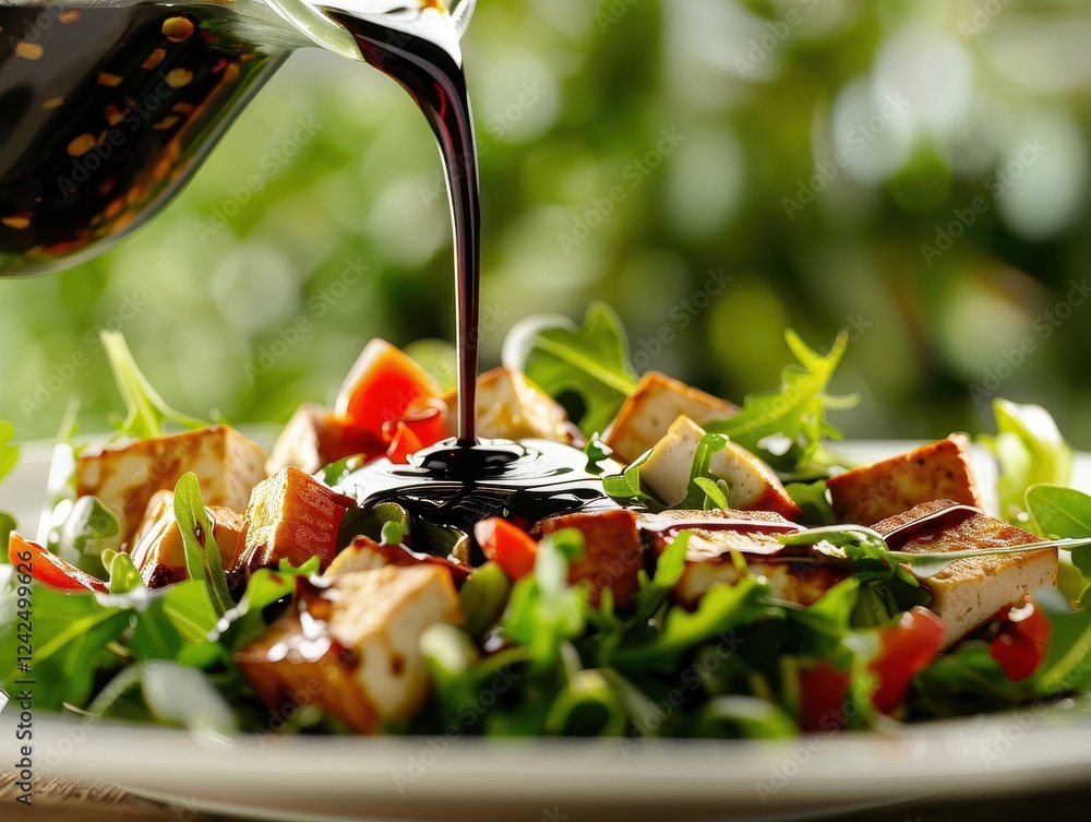 Wall mural Tofu Salad with Balsamic Dressing in Mid-Pour Action