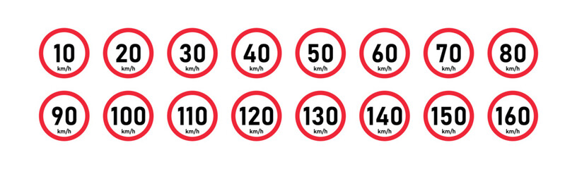 Maximum Speed Limit Signs Vector Set, Traffic Safety Design.