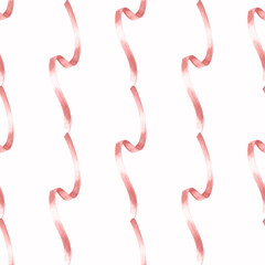 Pink satin ribbons. Wavy vertical seamless pattern. Hand drawn watercolor illustration. Curve tapes ornament. Background for coquette beauty girly design. Template for Valentines, wallpaper, textile.