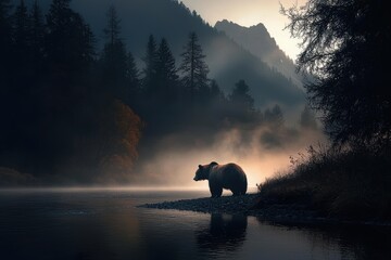 The serene beauty of a misty river and mountain landscape with a bear.