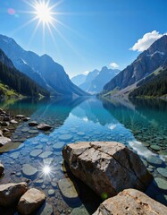Naklejka premium Deep blue alpine lake glistening under the bright midday sun.
