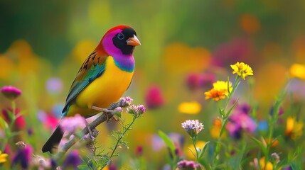 Fototapeta premium A Gouldian sparrow with its brightly colored feathers perched delicately on a branch, surrounded by a meadow of vibrant wildflowers.
