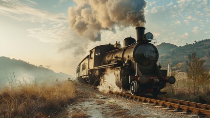 Vintage steam locomotive chugs through picturesque countryside with smoke rising.