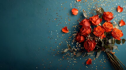 Elegant Bouquet of Vibrant Red Roses with Scattered Golden Confetti   A luxurious and festive floral arrangement perfect for special occasions