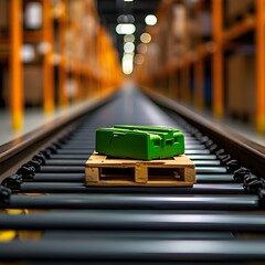 Green Cargo on Conveyor Belt in Warehouse