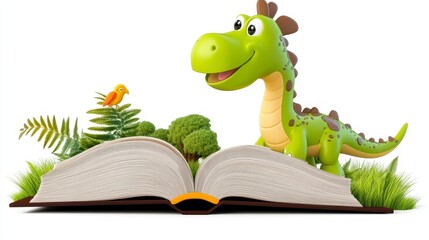 Fototapeta premium Colorful Cartoon Dinosaur with Open Book and Nature Elements