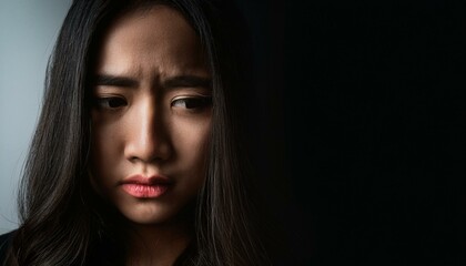 Sad portrait of a young woman. Woman face of depression, anxiety, illness or sadness, copy space background
