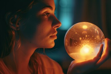 Naklejka premium A woman mesmerized by a glowing orb in soft light