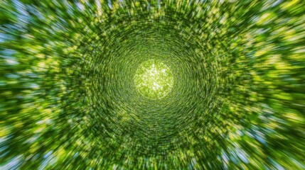 Green Leaves Swirl Inward Towards Light, Creating Tunnel Effect. Abstract Nature Background.