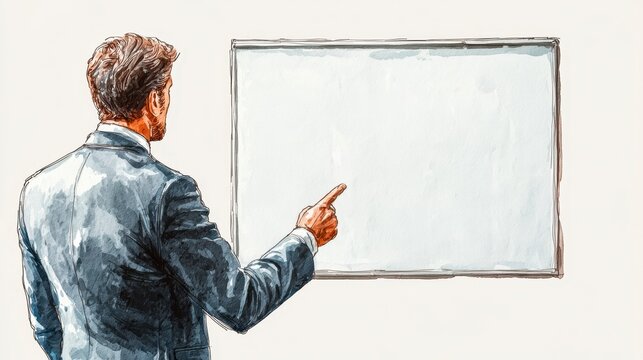Person in Blue Suit Pointing at Blank Whiteboard Watercolor Illustration