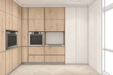 Fototapeta premium Modern kitchen, light wood cabinets, white appliances, herringbone floor, bright window