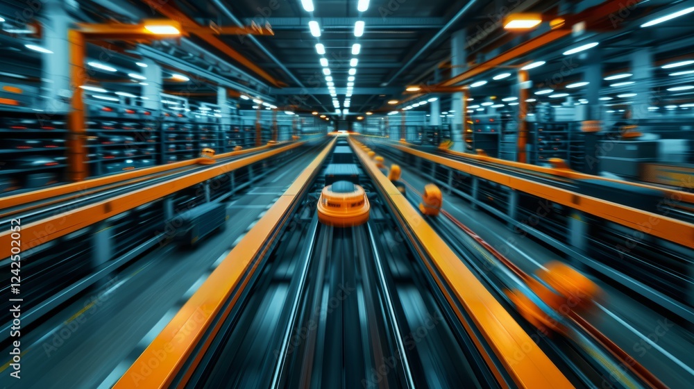 Poster factory automation: a dynamic perspective down a high-tech assembly line, showcasing the efficient f
