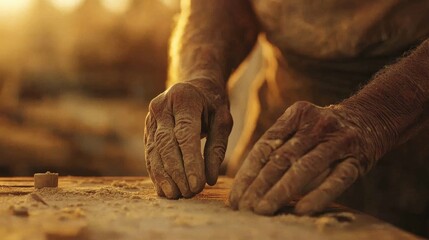 Skilled Artisan Craftsman Working with Wood in Warm Sunlight