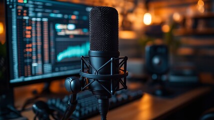A computer monitor displays a stock market chart with fluctuating lines and numbers