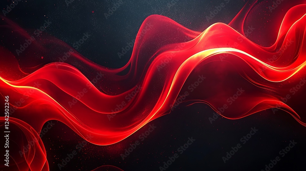 Poster illuminate your space with a red glowing abstract color gradient wave shape set against a black grai