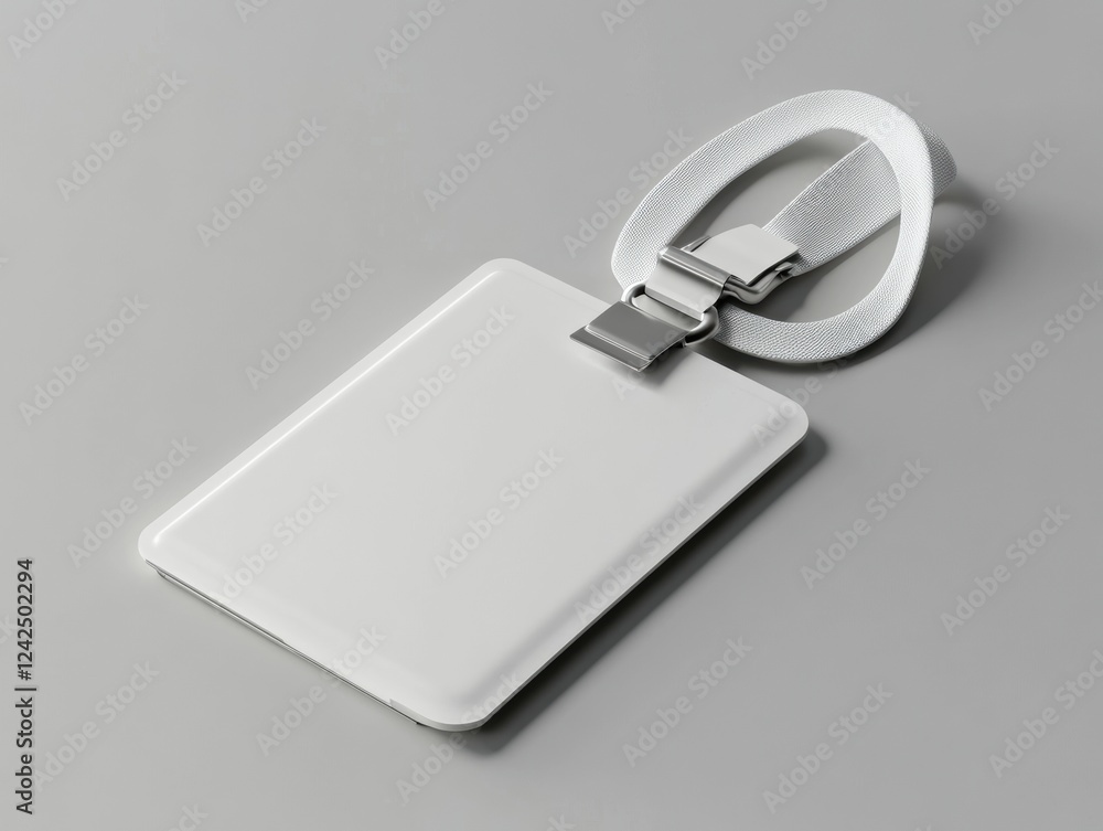 Poster blank identification card badge with lanyard for adding personalization and details displayed on gra