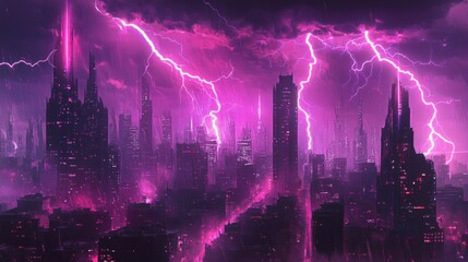 Fototapeta premium Lightning storm over the city in purple light