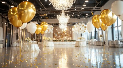 A sophisticated event space filled with helium balloons, golden confetti glittering on polished floors, and a statement crystal chandelier.