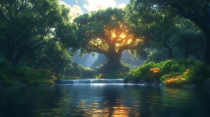 Sunlit forest waterfall, giant tree, tranquil scene, fantasy background, nature