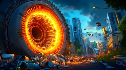 futuristic cityscape: glowing engine wreckage - cyberpunk