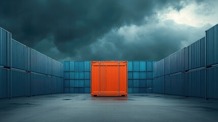 A vibrant blue and orange freight container in focus, surrounded by stacks of muted containers under a dark sky