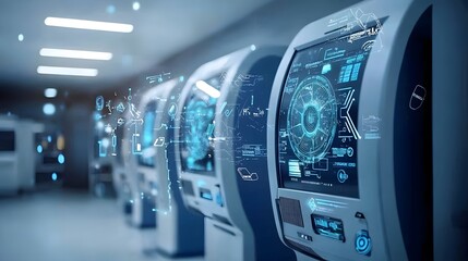 Futuristic bank interior showcasing advanced holographic ATM interfaces and automated digital banking solutions for a streamlined high tech financial experience of the future