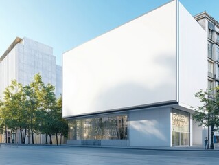 Obraz premium Blank White Billboard Adorns Modern Building Facade in Urban Setting on Bright Day