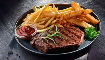 Grilled steak with french fries and vegetables. Tasty grilled organic beef steak with french fries 