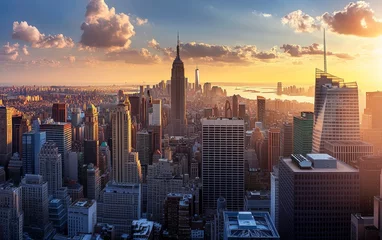 Selbstklebende Fototapeten Manhattan sunset cityscape, aerial view, skyscrapers, golden hour © Kribbox