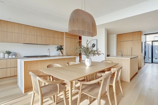 Modern kitchen dining area, sunlight, minimalist design, real estate listing