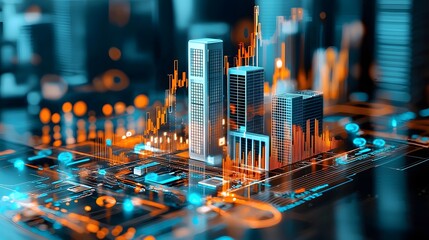 Futuristic data visualization with glowing graphs charts and indicators overlaid on a modern cityscape showcasing the digital analytics and insights powering the real estate and finance industries