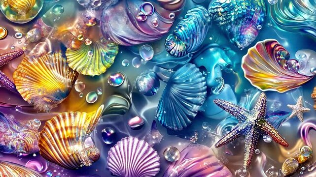 Seashells and Starfish Fantasy: An iridescent array of seashells, starfish, and pearls shimmer with otherworldly luminescence, creating a captivating underwater dreamscape.