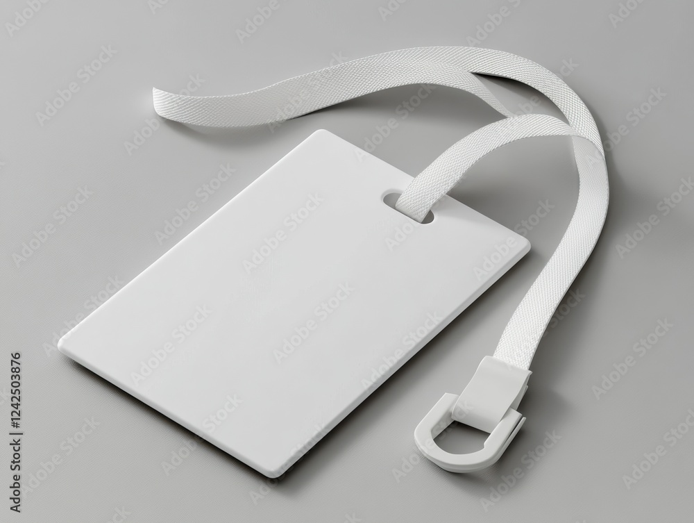 Poster blank white luggage tag with ribbon loop for personalization on solid color background presentation