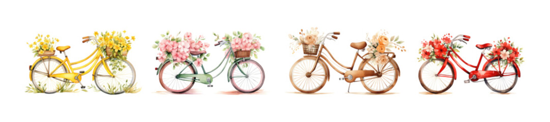 Watercolor bycicle with flowers. Clip art element. Transparent background. Concept for stories, cover book, print