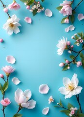 Floral Frame: Delicate Pink and White Blossoms on a Serene Blue Background