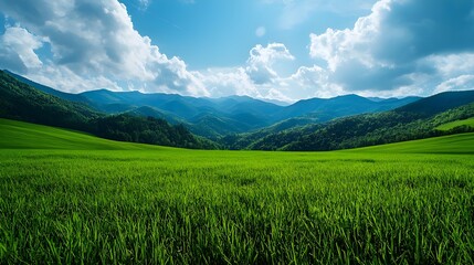 Green Field And Mountain Landscape Under Sunny Sky