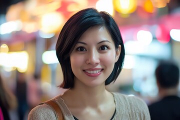 woman 30 years old, asian look, short black hair, lunar new year party