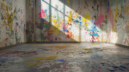 Naklejka premium Brightly Lit Empty Room with Abstract Paint Splatters on Walls