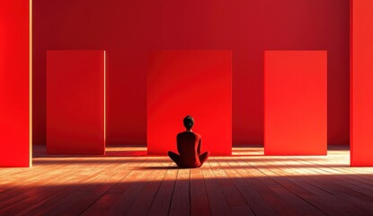 Obraz premium Red Room Contemplation: A Figure in Minimalist Setting