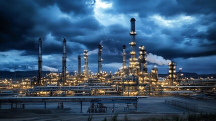 Fototapeta premium A striking image of a nighttime oil refinery surrounded by turbulent weather.