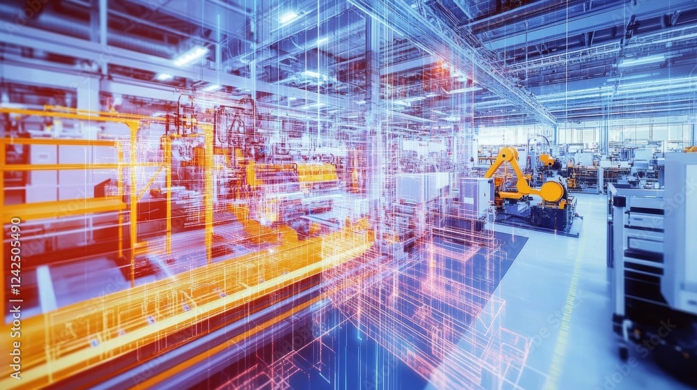 Poster modern factory using robotic arms and automation technology overlaid with a digital blueprint, showc