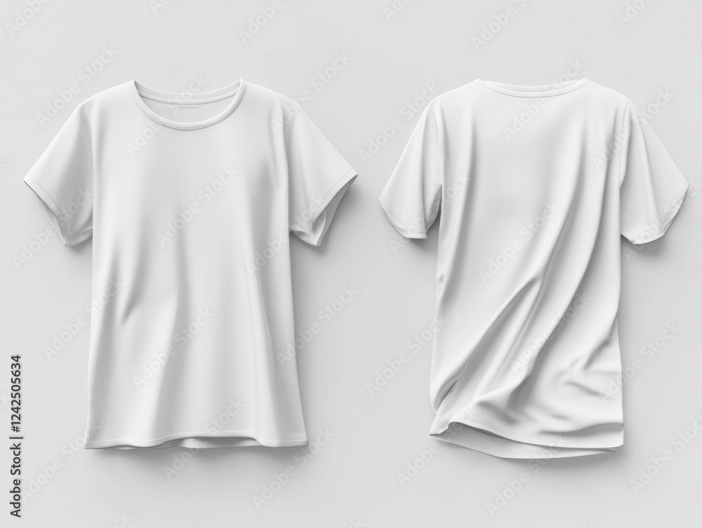Poster display of two simple white t shirts front and back views on a neutral background plain casual appar