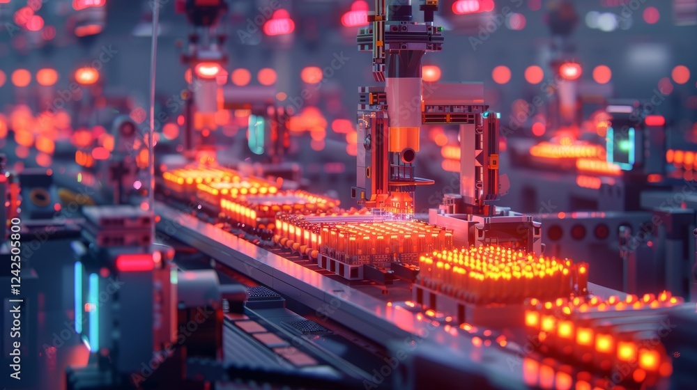 Poster automated precision: a close-up shot of an industrial assembly line in action, showcasing rows of gl
