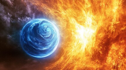 Astronomical view of Earth at perihelion, its surface bright blue with swirling clouds, and the Sun's radiant energy dominating the right side